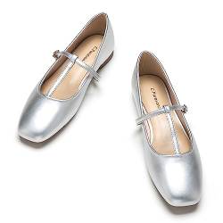 C.Paravano Mary Jane Schuhe Damen | Lackleder Quadratische Zehe Flach(37,Silber) von C.Paravano