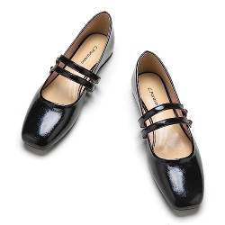C.Paravano Mary Jane Schuhe for Damen Leder Quadratische Zehe Flachs(36,Schwarz) von C.Paravano