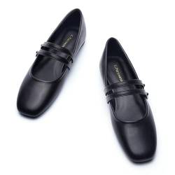 C.Paravano Mary Jane Schuhe for Damen Leder Quadratische Zehe Flachs(38,Neu Schwarz) von C.Paravano