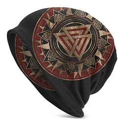 C2Jew Vikings Beanies Mütze Schwarz-Rote Strickmützen Damen Herren Mütze Hip-Hop Mütze Slouchy Outdoor-Caps 10,6 × 11 Zoll,Valknut Symbol von C2Jew