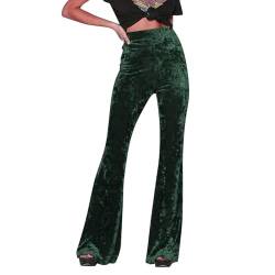 CABULE Damen Samthose mit hoher Taille, Retro-Stil, einfarbig, ausgestellte Hose, Freizeithose mit hoher Taille, Grün, L von CABULE