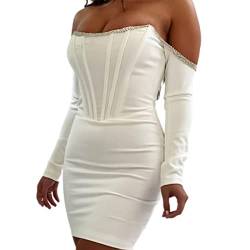 CABULE Mode Sexy Elegant Schulterfrei Abend Party Kleid Frauen Langarm Slash Neck Bodycon Minikleid Damen Etuikleid - Weiß, S von CABULE