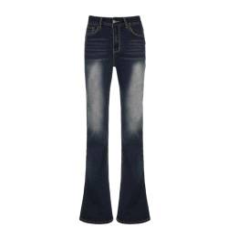 CABULE Retro-Bootcut-Jeans mit niedriger Taille für den Frühherbst, schmal geschnittene, ausgewaschene Shisha-Pfeifen-Schlaghose – Blau – S von CABULE