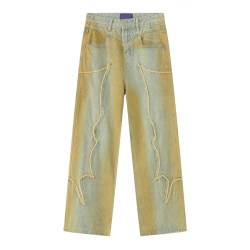 CABULE Retro locker Gewaschene Distressed beliebte lockere Jeans Herren drapierte gerade schmale Hose-Huang NI Dye-L von CABULE