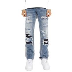 Distressed Whisker Jeans Herren Sommer Loose Washed Distressed Straight Hose-Blau-L von CABULE