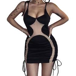 Frauen Kurzes Kleid Sommer Kleidung 2023 Kontrast Farbe Spaghetti Strap Sheer Geraffte Kordelzug Kleid Sexy Club Streetwear-aL von CABULE