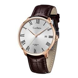 CADISEN Automatik Uhr Herren Mechanische Automatikuhr Echtes Lederband wasserdichte Freizeituhr für Männer (Rose Gold) von CADISEN