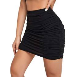 CADTARBAB Damen Faltenrock Figurbetonter Elastischer Bodycon Rock Doppellagig Minirock Sexy Hüftrock High Waist Bleistiftrock Sommerrock Skinny Skirt(Schwarz/L) von CADTARBAB