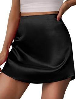 CADTARBAB Damen Satin Rock Hohe Taille Mini Skirt Elegant Seide Rock Herbst Sommer Sexy Rock mit Reißverschluss(Schwarz/L) von CADTARBAB
