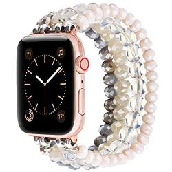 CAGOS Perlenarmband, kompatibel mit Apple Watch, 38 mm, 40 mm, 41 mm, 42 mm, 44 mm, 45 mm, dehnbar, elegant, iPhone-Uhrenarmbänder, SE, hellblau Rosa von CAGOS
