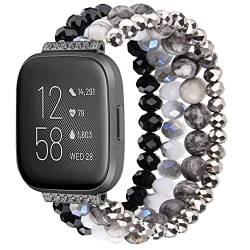CAGOS Perlenarmband Kompatibel mit Fitbit Versa 2 Band/Fitbit Versa Bänder Damen, Handgefertigter Schmuck Elastische Ersatzbänder Perlenbänder für Fitbit Versa 2 Special Edition Smartwatch (Schwarz) von CAGOS