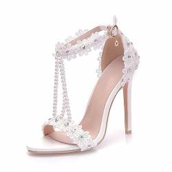 CAIJ Hochhackige Pumps Offene Zehensandalen mit floraler Spitze Perlenband Stiletto Braut Hochzeit Party von CAIJ