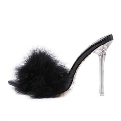 CAIJ Kunstpelz-Heels für Frauen, sexy, flauschige Feder-Sandaletten, Fuzzy-Slip-on-Stiletto-Absatz, Pantoletten, schwarz von CAIJ