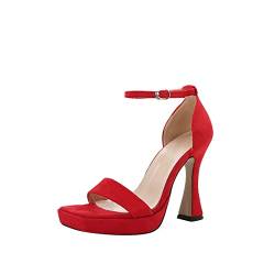 CAIJ Platz Offene Zehe Wildleder Heels für Frauen Plattform Knöchelriemen Sandalen Sexy Block High Heels Rot von CAIJ