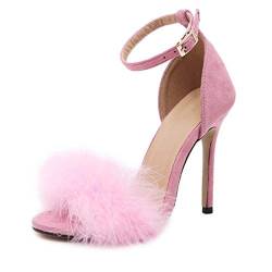 Offene, Spitze Zehen-High Heels für Damen, Flauschige Feder-Knöchelriemen, rosa Mode-Sommer-Stiletto-Sandalen von CAIJ