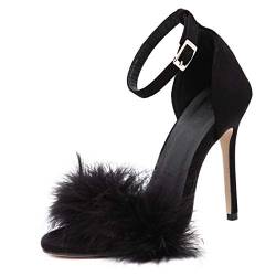 Spitz offene Zehensandalen für Damen Stiletto High Heels Flauschige Feder Knöchelriemen Pumps Schuhe schwarz von CAIJ