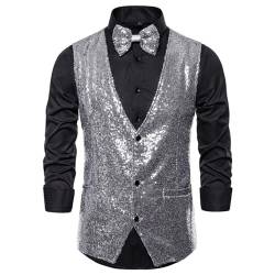 CAKERS Paillettenweste Herren Basic Slim Fit Glitzer Weste V-Ausschnitt Kostüm Unisex Ärmellos Einfarbig Weste Retro Disco Karneval Mottoparty Cosplay Weste Herren F-Silver XL von CAKERS