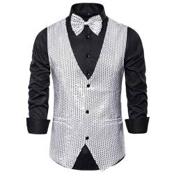 CAKERS Paillettenweste Herren Basic Slim Fit Glitzer Weste V-Ausschnitt Kostüm Unisex Ärmellos Einfarbig Weste Retro Disco Karneval Mottoparty Cosplay Weste Herren Q-Silver L von CAKERS