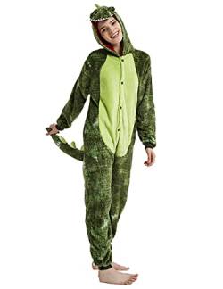 CALANTA Dinosaurier Onesie Unisex Erwachsene T-Rex Dragon Tier Kostüm Frauen Plüsch Pyjama Einteiler Cosplay Halloween Weihnachten, Muster grün, X-Large von CALANTA