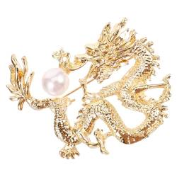 CALLARON Drachen-Brosche Gold-Drachen-Reversnadel Perlen-Brustnadel Bankett-Abzeichen Jahr Des Drachen-Kostümzubehörs Für Strickjacke Hut Schal Party Chinesisches Neujahrsgeschenk von CALLARON