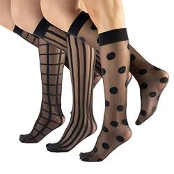 CALZITALY 3 Paar Damen Gemusterte Socken, Feine Elegante Socken mit Muster, Fashion Söckchen, Punkten, Streifen, Karierte, Made in Italy (Kniestrümpfe - Schwarz, Einheitsgröße) von CALZITALY