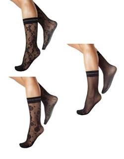 CALZITALY PACK 3 PAAR Feine Socken, Damen Socken, Lurex Socken, Damen Strümpfe, Netz Socken, Netz Kniestrümpfe | Schwarz | Einheitsgröße | Made in Italy (Einheitsgröße, 3 PAAR BLUMENMUSTER) von CALZITALY