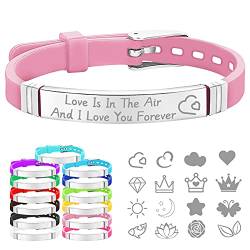 CAMAL Armband mit Gravur, Verstellbares Silikon Armband mit ID-Tag Aus Edelstahl, Personalisiertes Armband für Familie Paar Freunde (Rosa) von CAMAL