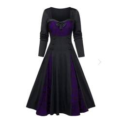 Renaissance Gothic Kleid Vintage Langarm Spitze Patchwork Swing Maxikleid für Halloween Cocktail Party, schwarz / lila, XX-Large von CAMDOM