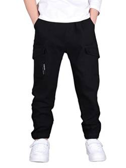 CAMLAKEE Cargohose Jungen Jogginghose Kinder Cargo Hosen Jungs Arbeitshose mit Elastischem Bund Schwarz DE: 170-176 (Herstellergröße 180) von CAMLAKEE