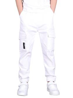 CAMLAKEE Cargohose Jungen Jogginghose Kinder Cargo Hosen Jungs Arbeitshose mit Elastischem Bund Wei?DE: 128-134 (Herstellergröße 130) von CAMLAKEE