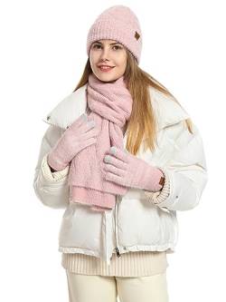 CAMLAKEE Damen Mütze Schal Handschuhe Set Frauen Winter Beanie Wintermütze DamenSchal Handschuh für Teenager Mädchen Rot von CAMLAKEE