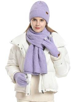 CAMLAKEE Damen Mütze Schal Handschuhe Set Frauen Winter Beanie Wintermütze DamenSchal Handschuh für Teenager Mädchen Violett von CAMLAKEE