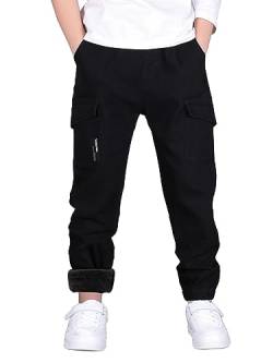 CAMLAKEE Jogginghose Gefüttert Jungen Warme Hosen Kinder Thermohose Winter Fleece Cargohose Schwarz Fleece DE: 128-134 (Herstellergröße 130) von CAMLAKEE