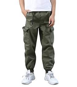 CAMLAKEE Jungen Cargohose Kinder Jogginghose Slim Fit Cargo Jogger Hose mit Elastischem Bund Armeegrün DE: 152 (Herstellergröße 14) von CAMLAKEE