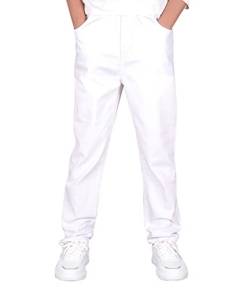 CAMLAKEE Jungen Chino Hose Kinder Jungs Straight Fit Chinohose mit Elastischem Bund Weiß DE: 128-134 (Herstellergröße 130) von CAMLAKEE