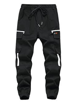 CAMLAKEE Kinder Cargohose Jungen Jogginghose Cargo Jogger Hose mit Kontrastdetails und Gummizug Schwarz DE: 158 (Herstellergröße 160) von CAMLAKEE