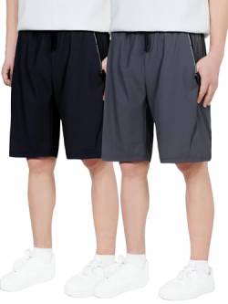 CAMLAKEE Kurze Hosen Jungen Sport Shorts Kinder 2er-Pack Sommerhose Schnelltrocknend Trainingsshort mit Reißverschlusstasche Schwarz Grau DE: 170-176 (Herstellergröße 170) von CAMLAKEE