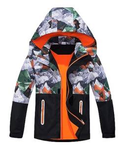 CAMLAKEE Softshelljacke Jungen Übergangsjacke Kinder Regenjacke Gefüttert Jungs Wasserdichte Jacke mit Kapuze Orange DE: 116-122 (Herstellergröße 120) von CAMLAKEE