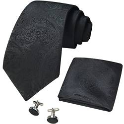 CANGRON Herren Krawatte Schwarz Paisley Krawatte Einstecktuch Manschettenknöpfe Krawatten Set DLSP8QE von CANGRON