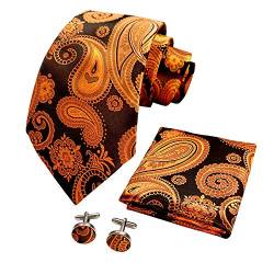 CANGRON Herren Orange Paisley Tie Set Krawatte mit quadratischen Manschettenknöpfen Geschenkverpackung Geschenkbox DLSP8JU von CANGRON