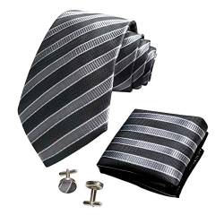 CANGRON Herren Schwarz Graue Streifen Krawatte Set Krawatte Mit Einstecktuch Manschettenknöpfe + Geschenkbox DLST8HH von CANGRON