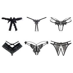 CANMIYOU 6er Packs Damen Spitze Sexy Tanga,Ouvert Slip Unterhosen,Niedrige Taille Offener Schritt V-String Thongs,Perspektive Höschen mit Perlen Blumen Bögen,Erotische Unterwäsche (E) von CANMIYOU