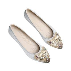 CAOQAO Damen-Schuhe mit diamantförmiger Spitze und weicher Sohle, modische, vielseitige Feen-Strass-Einzelschuhe Orthopädische Schuhe Damen Sneaker (Silver, 44) von CAOQAO