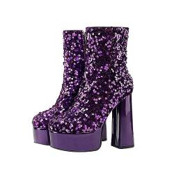 Kurze Stiefel Plateau Pailletten Chunky High Heel Kurze Stiefel Absatz Mittelkalb Stiefel Damen Winterschuhe (Purple, 39) von CAOQAO