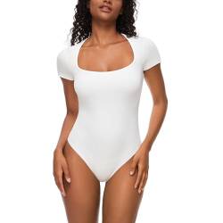 CARCOS Body Damen Elegant Eckiger Ausschnitt Bodysuit Top - Tanga Bodys Kurzarm Bodysuit Damen Weiß S von CARCOS