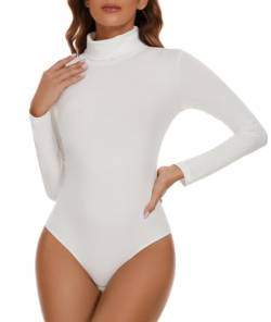 CARCOS Body Damen Langarm Elegant Bodysuit Tops Hoher Ausschnitt Langarmbody für Frauen Stringbody Damen Weiß 2XL von CARCOS