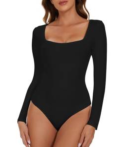 CARCOS Body Damen Langarm Elegant Bodysuit Tops Sexy Eckiger Ausschnitt Langarmbody für Frauen Schwarz 2XL von CARCOS