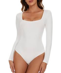 CARCOS Body Damen Langarm Elegant Bodysuit Tops Sexy Eckiger Ausschnitt Langarmbody für Frauen Weiß 2XL von CARCOS