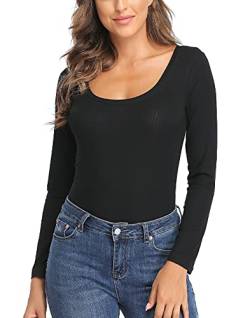 CARCOS Langärmliges Damen-Oberteil mit U-Ausschnitt, geripptem Strick, figurbetont, lässig, T-Shirt, schmale Basic-Shirts Schwarz,U-Ausschnitt 2XL von CARCOS