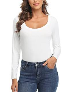 CARCOS Langärmliges Damen-Oberteil mit U-Ausschnitt, geripptem Strick, figurbetont, lässig, T-Shirt, schmale Basic-Shirts Weiß,U-Ausschnitt XL von CARCOS